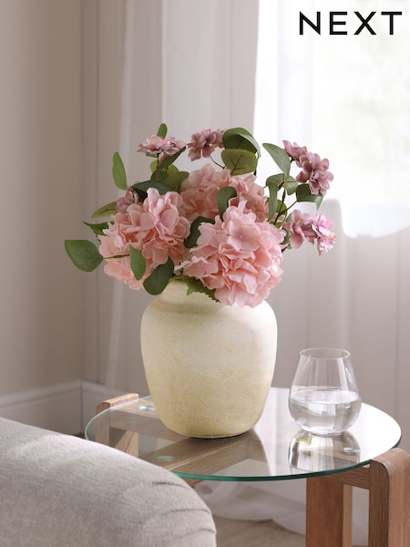 Pink Artificial Hydrangea Arrangment in Rustic Ceramic Pot (AA4338) | AED231