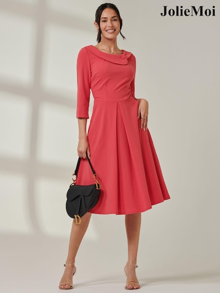 Jolie Moi Pink Fold Neckline Sleeved Midi Dress (AA4389) | 386 QAR