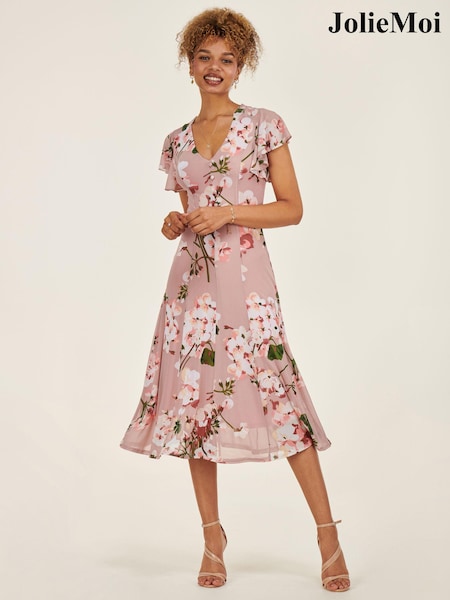 Jolie Moi Pink Print Fit and Flare Mesh Midi Dress (AA4405) | €38