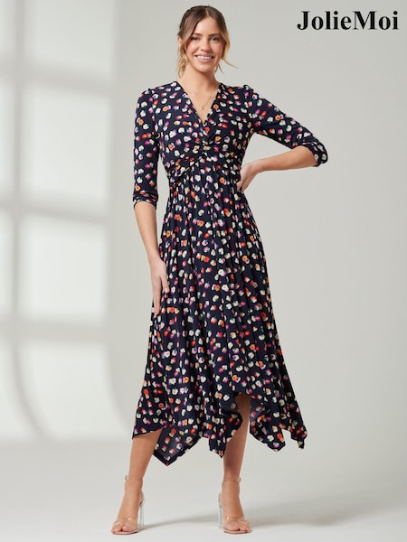 Jolie Moi Blue V-Neck 3/4 Sleeve Midi Dress (AA4406) | 190 QAR