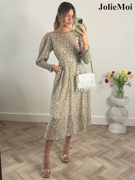 Jolie Moi Brown Cuffed Ballon Sleeve Dress (AA4411) | 207 QAR