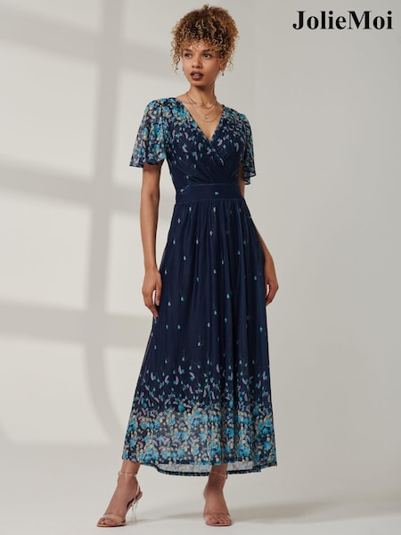 Jolie Moi Blue Mirrored Mesh Angel Sleeve Maxi Dress (AA4412) | 440 QAR