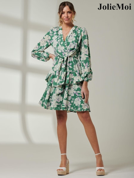 Jolie Moi Green Tiered Hem V-Neck Midi Dress (AA4413) | €34