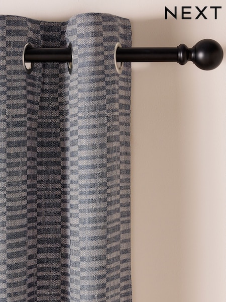 Blue/Grey Jacquard Blocks Eyelet Lined Curtains (AA4429) | €104 - €219