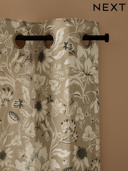 Woodblock Floral Print Linen Blend Eyelet Lined Curtains (AA4430) | 98 € - 219 €