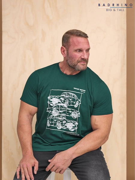 BadRhino Big & Tall Green 100% Cotton Vintage Motors T-Shirt (AA4506) | €25