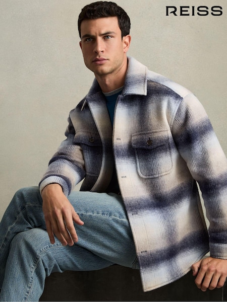 Reiss Blue Multi Kinkade Brushed Wool-Blend Check Overshirt (AA4559) | €287