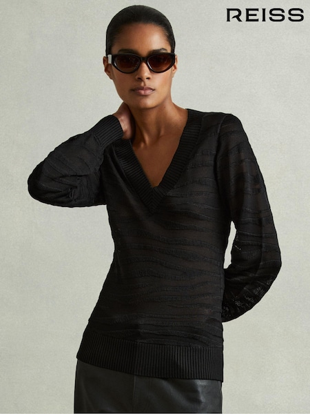 Negru - Reiss Zana Striped V-neck Jumper (AA4564) | 1,139 LEI