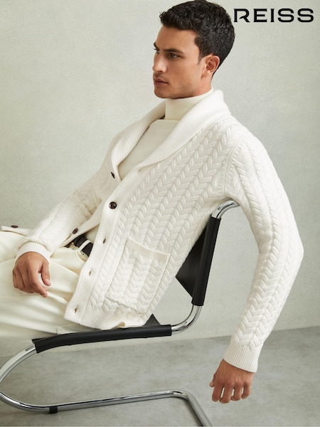 Reiss White Armitage Cabled Shawl-Collar Cardigan with Cotton and Wool (AA4579) | AZN 371