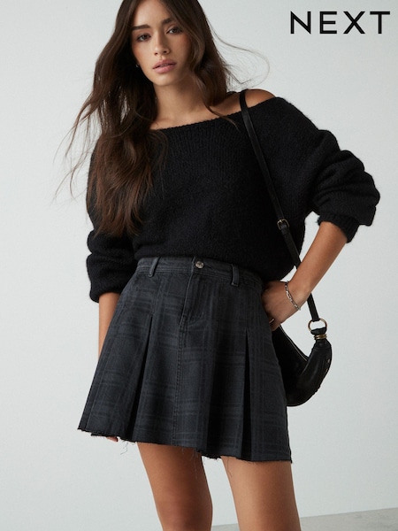 Black Check 100% Cotton Pleated Denim Mini Skirt (AA4777) | €50