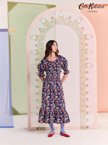 Cath Kidston Navy Botanical Poplin 100% Cotton Dress (AA4872) | $111