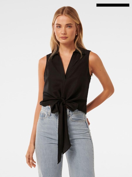 Forever New Black Tanya Tie Front Shirt with a Touch of Linen (AA4909) | €34