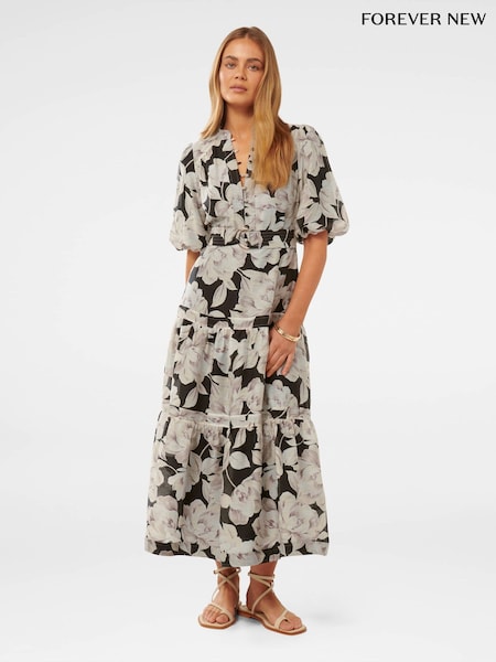 Forever New Multi Leona Short-Sleeved Pin Tuck Midi Dress with a Touch of Linen (AA4935) | €140