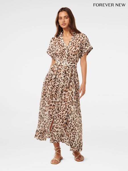 Forever New Brown Leopard Print Judith Shirt Belt Midi Dress (AA4936) | €72