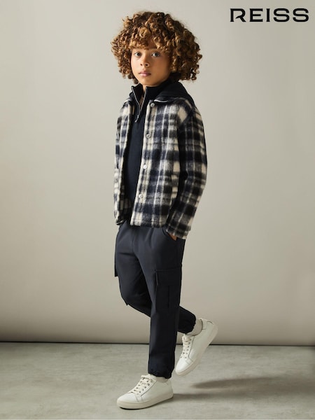 Reiss Navy/White Wade Removable-Hood Brushed Check Overshirt (AA4991) | €85