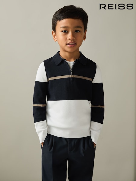 Mornarica/bela/kamelja - Reiss Tokyo Colour-Block Half-Zip Polo Shirt (AA5005) | € 50