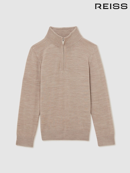 Reiss Wheat Melange Blackhall 13-14 yrs Merino Wool Half-Zip Funnel Neck Jumper (AA5010) | €64