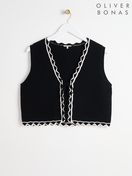Oliver Bonas Black Wavy Trim Knitted Tie Waistcoat (AA5096) | €30