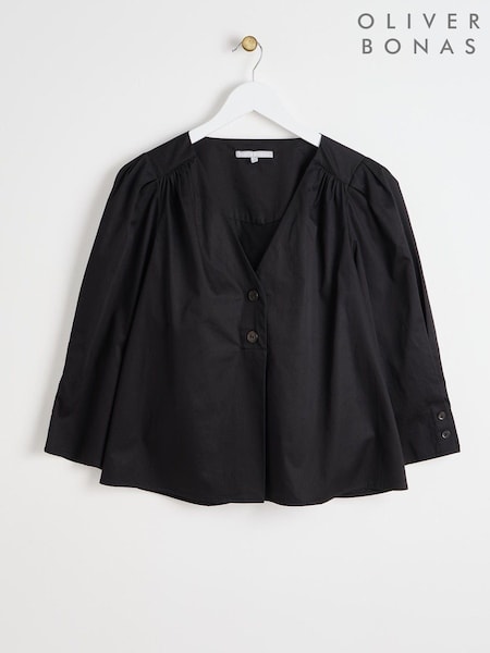 Oliver Bonas Black Pleated V-Neck 100% Cotton Blouse (AA5099) | 136 QAR
