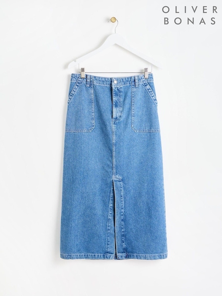 Oliver Bonas Blue Washed Denim Midi 100% Cotton Skirt (AA5224) | AED265