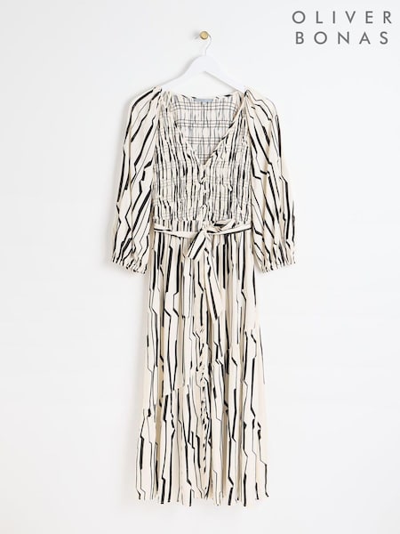Oliver Bonas White Sicilian Stripe Ruched Midi Dress (AA5231) | 210 QAR