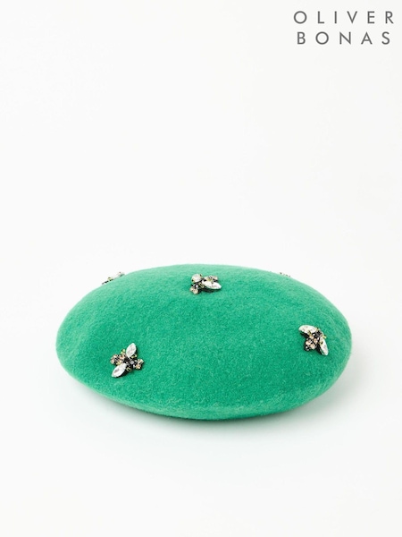 Oliver Bonas Green Wool Blend Bee Beret Hat (AA5265) | €30