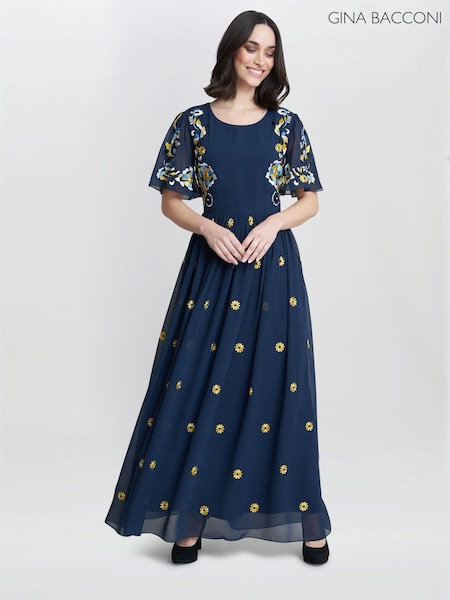 Gina Bacconi Blue Embroidered Dress With Flowers (AA5298) | 1,337 LEI
