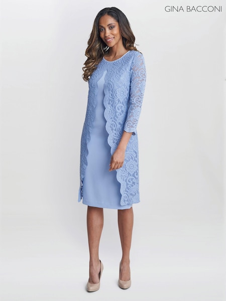 Gina Bacconi Blue Clarabelle Mock Lace Jacket And Crepe Dress (AA5299) | R$ 3,160