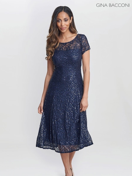 Gina Bacconi Blue Genny Cap Sleeve Midi Length Sequin Lace Dress (AA5304) | €394