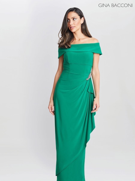 Gina Bacconi Green Jodie Off Shoulder Jersey Dress With Hip Detail (AA5309) | R$ 2,565