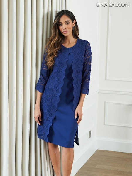 Gina Bacconi Blue Clarabelle Mock Lace Jacket And Crepe Dress (AA5319) | €458