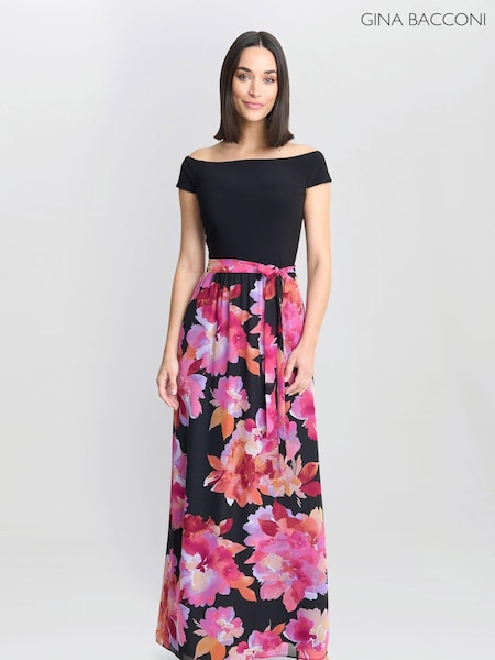 Gina Bacconi Ruth Printed Maxi Black Dress With Jersey Bodice (AA5325) | 895 LEI