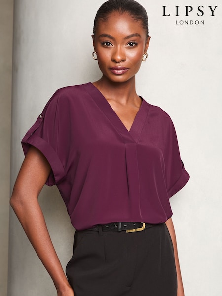 Lipsy Berry Red Utility V Neck Short Roll Sleeve Top (AA5394) | 94 QAR