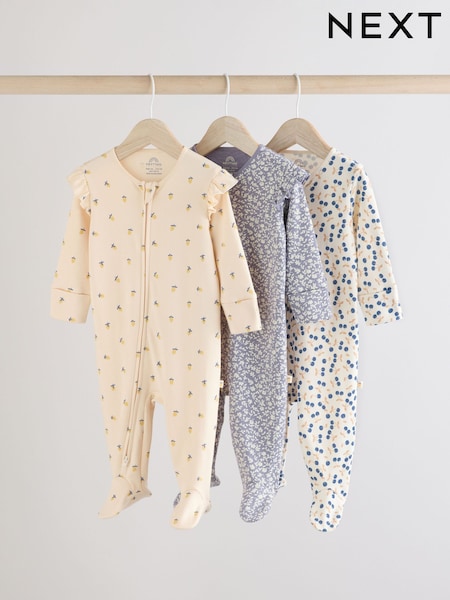Cereza azul - Two Way 100% Cotton Zip Baby Sleepsuits 3 Pack (0mths-2yrs) (AA5443) | 26 € - 29 €