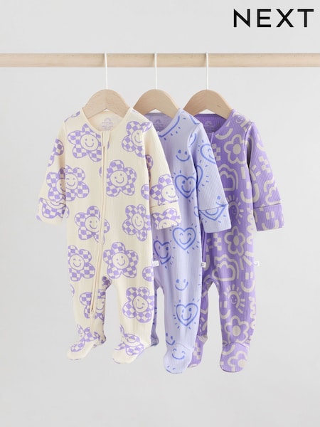 Morado lila - Baby Two Way Zip Floral Print 100% Cotton Sleepsuits 3 Pack (0mths-2yrs) (AA5454) | 28 € - 30 €