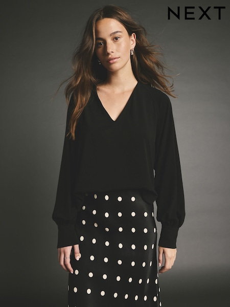 Black Long Sleeve V-Neck Jersey Blouse (AA5816) | AED134