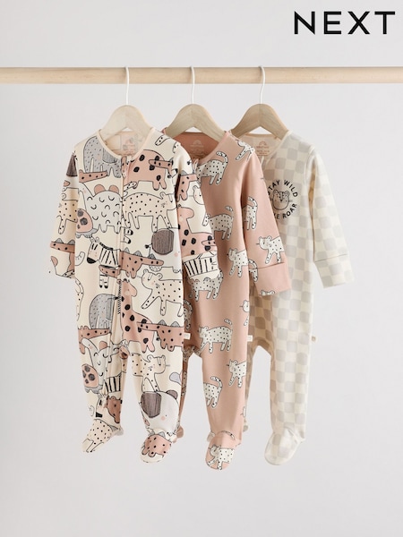 Marrón/crema - Two Way Zip Baby Sleepsuits 3 Pack (0mths-2yrs) (AA5958) | 26 € - 29 €