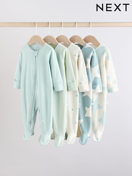 Sage Green 100% Cotton Two Way Zip Baby Sleepsuits 5 Pack (0mths-2yrs) (AA5965) | 1,276 UAH - 1,359 UAH