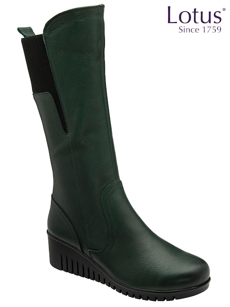 Lotus Green Leather Wedge Mid-Calf Boots (AA6123) | AED288