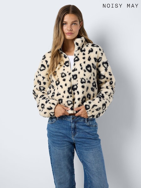 NOISY MAY Cream Leopard Print Zip Front Teddy Fleece Jacket (AA6327) | AED128