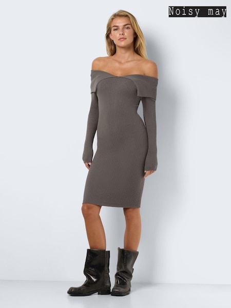 NOISY MAY Grey Long Sleeve Off Shoulder Knitted Jumper Dress (AA6329) | €54