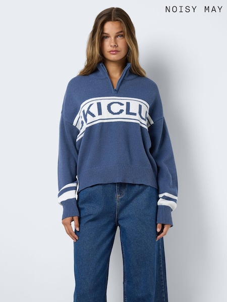 NOISY MAY Blue Long Sleeve High Neck Half Zip Ski Club Knitted Jumper (AA6331) | €42