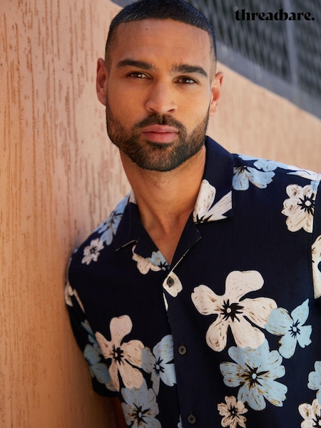 Threadbare Black Floral Print Revere Collar Short Sleeve Shirt (AA6339) | AED159