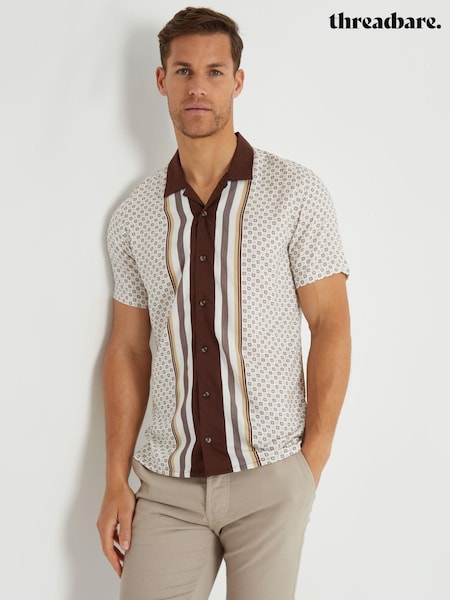 Threadbare Brown Stripe Geo Print Revere Collar Short Sleeve Shirt (AA6346) | €32