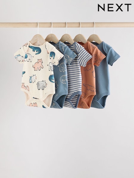 Navy/ Tan Brown Safari 100% Cotton Short Sleeve Baby Bodysuits 5 Pack (AA6357) | $29 - $32