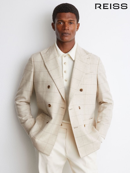 Yüngül yulaf ezmesi - Classic Fit Reiss Elion Wool Windowpane-check Double-breasted Blazer