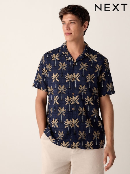 Blue 100% Cotton Palm Printed Short Sleeve Shirt (AA6559) | R$ 285