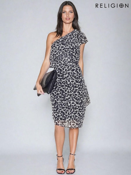 Religion One Shoulder Flash Midi Mini Dress in Leopard Print (AA6664) | €51