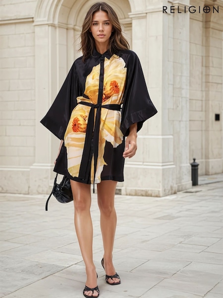 Galben - Cămașă Religion Tunică Rochie Cu Mâneci Kimono în Imprimeu Floral Luminos (AA6677) | 670 LEI