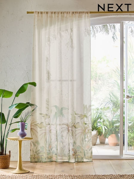 White/Green Global Garden Slot Top Voile Unlined Sheer Panel Curtain (AA6739) | $46
